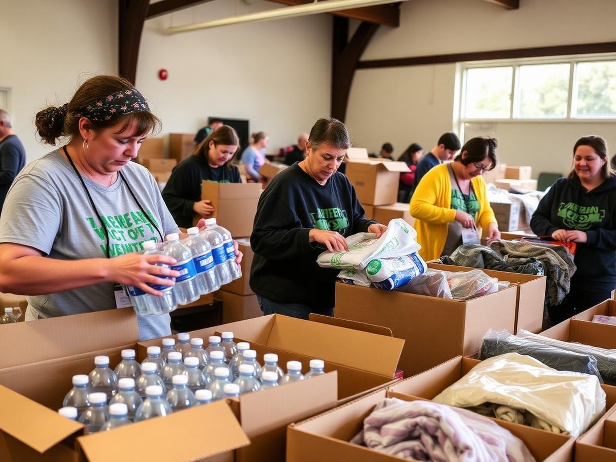 Volunteers sorting donated water and blankets at a wildfire relief center